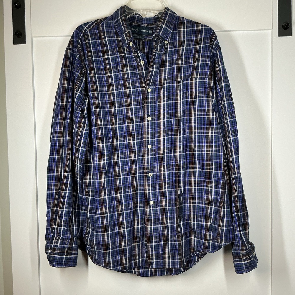 Ralph Lauren Custom Fit Plaid Button Down Long Sleeve Men's Shirt XL Navy Preppy